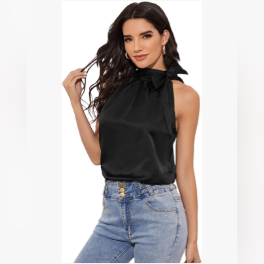 Milumia Chic satin Black Halter Women's Blouse